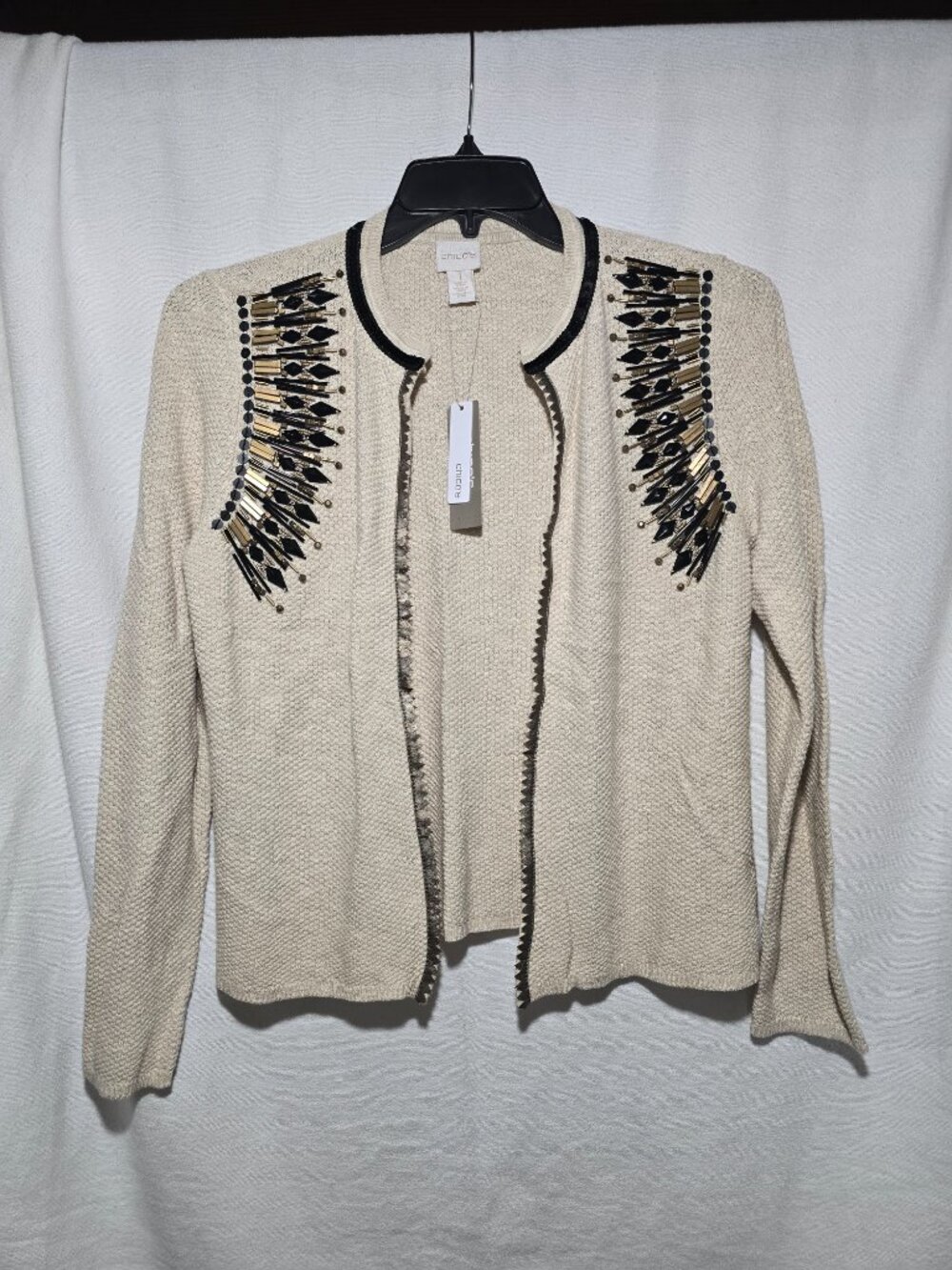 Chico's Neutral Beaded Seed Stitch Cardigan Sweater Neutral Size 1 US Medium NWT